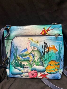 Anuschka Aqua Hand Painted Leather Crossbody Bag